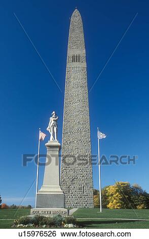 Stock Photograph -  obelisk, fall, Bennington, VT, Vermont, Bennington Battle Monument a 306 foot structure and statue of Colonel Seth Warner in autumn in Bennington.. Fotosearch