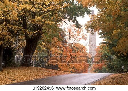 Stock Photograph -  obelisk, fall, Bennington, VT, Vermont, Colorful foliage along the road that leads up to the Bennington Battle Monument a 306 foot structure in autumn in Bennington.. Fotosearch