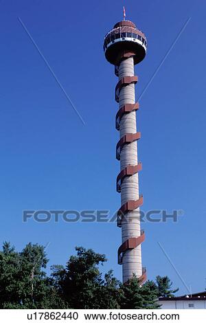 Stock Image -  observation tower, Thousand Islands, Alexandria Bay, New York, St. Lawrence River, NY, Thousand Islands Skydeck between the spans of the Thousand Islands International Bridge.. Fotosearch