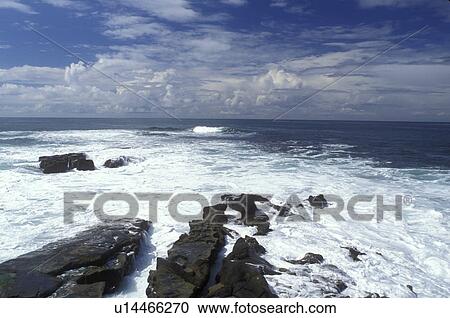 Stock Image -  ocean, waves, La Jolla, California, CA, Waves wash up onto the rocky coastline in La Jolla on the Pacific Ocean.. Fotosearch