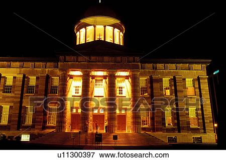 Stock Photo -  Old State Capitol, Springfield, IL, Illinois, The Old State Capitol building, a Greek Revival structure, illuminated in the evening in Springfield, Illinois is the site of Lincoln's House Divided speech. . Fotosearch