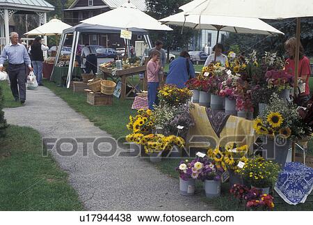 Stock Photo -  outdoor market, flowers, produce, Vermont, VT, Flowers and produce for sale at the Farmers Market in Waterbury. . Fotosearch
