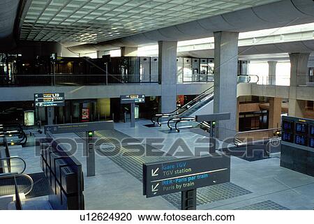 Stock Image -  Paris, Charles de Gaulle, airport, train station, TGV, France, Europe, TGV Train Station at the Roissy/Charles de Gaulle Airport in Paris.. Fotosearch