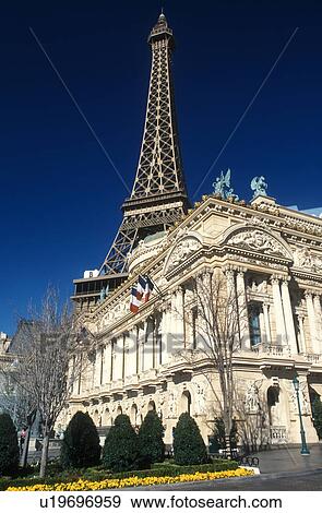 Stock Photo -  Paris Resort & Casino, Las Vegas, Nevada, NV, Replica of the Eiffel Tower and Academie Nationale de Musique at Paris Las Vegas Resort & Casino on The Strip in Las Vegas, the Entertainment Capital of the World.. Fotosearch