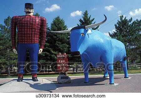 Picture -  Paul Bunyan, Bemidji, MN, Minnesota, A huge statue of the mythical lumberjack Paul Bunyan and Babe the Blue Ox in a park in Bemidji.. Fotosearch