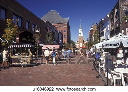 Stock Image -  pedestrian street, Burlington, VT, Vermont, Shops along Church Street Market Place in downtown Burlington, VT.. Fotosearch