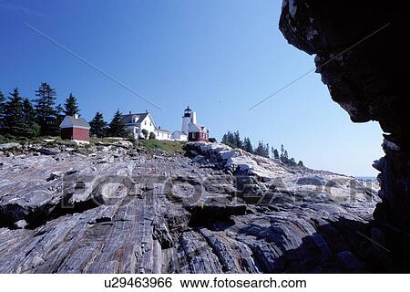Stock Photograph -  Pemaquid Head Light, lighthouse, Pemaquid Point, Bristol, Maine, ME, Pemaquid Head Light along the rocky coast of the Atlantic Ocean.. Fotosearch