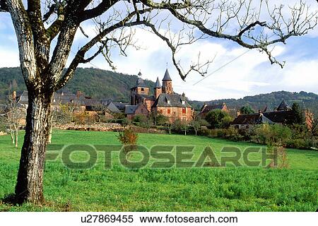 Stock Photography -  Perigord, Dordogne, France, Limousin, Correze, Collonges-la-Rouge, Europe, Scenic view of the medieval village of Collonges-la-Rouge made entirely of bright red sandstone. . Fotosearch