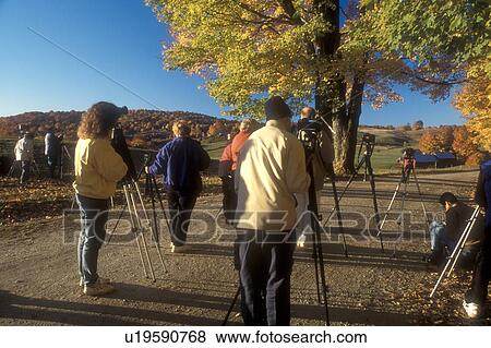 Stock Photo -  photographers, Reading, VT, Vermont, Photographers line up to take pictures of Jenne Farm in the fall in Reading.. Fotosearch