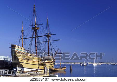 Stock Photo -  pilgrims, Plymouth, Massachusetts, MA, The Mayflower II moored at State Pier on Plymouth Harbor in Plymouth.. Fotosearch