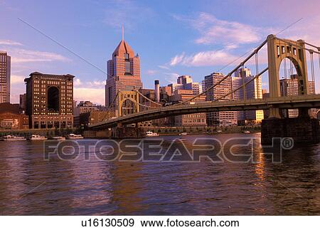 Stock Photo -  Pittsburgh, Pennsylvania, PA, downtown skyline of Pittsburgh, Allegheny River, 6th Street Bridge.. Fotosearch