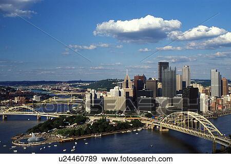 Stock Photo -  Pittsburgh, skyline, bridge, PA, Pennsylvania, aerial, downtown skyline of Pittsburgh, Fort Pitt Bridge, Monongahela River.. Fotosearch