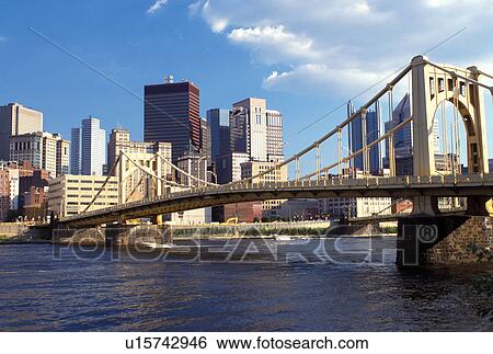 Stock Photograph -  Pittsburgh, skyline, bridge, PA, Pennsylvania, downtown skyline of Pittsburgh, 9th Street Bridge, Allegheny River.. Fotosearch
