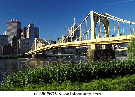 Pittsburgh, skyline, bridge, PA, Pennsylvania, View of the downtown skyline of Pittsburgh and the 7th Street Bridge crossing the Allegheny River. View Large Photo Image Stock Photography - Pittsburgh, skyline, bridge, PA, Pennsylvania, View of the downtown skyline of Pittsburgh and the 7th Street Bridge crossing the Allegheny River.. Fotosearch