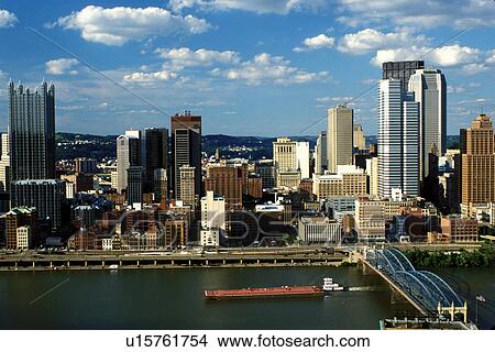Pittsburgh, skyline, PA, Pennsylvania, Aerial view of the downtown skyline of Pittsburgh and Smithfield Street Bridge (truss-type bridge) crossing the Monongahela River. View Large Photo Image Picture - Pittsburgh, skyline, PA, Pennsylvania, Aerial view of the downtown skyline of Pittsburgh and Smithfield Street Bridge (truss-type bridge) crossing the Monongahela River.. Fotosearch