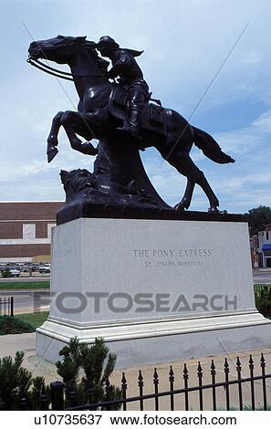 Stock Photo -  Pony Express, equestrian, St. Joseph, MO, Missouri, Pony Express Monument. Eastern terminus of the overland mail service to California.. Fotosearch