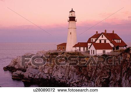 Portland Head Light, lighthouse, Cape Elizabeth, Maine, ME, Portland Head Light on Cape Elizabeth at sunset in Fort Williams Park on the Atlantic Ocean. View Large Photo Image Stock Image - Portland Head Light, lighthouse, Cape Elizabeth, Maine, ME, Portland Head Light on Cape Elizabeth at sunset in Fort Williams Park on the Atlantic Ocean. . Fotosearch