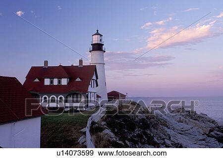 Portland Head Light, lighthouse, Cape Elizabeth, Maine, ME, Portland Head Light on Cape Elizabeth at sunset in Fort Williams Park on the Atlantic Ocean. View Large Photo Image Stock Photo - Portland Head Light, lighthouse, Cape Elizabeth, Maine, ME, Portland Head Light on Cape Elizabeth at sunset in Fort Williams Park on the Atlantic Ocean. . Fotosearch