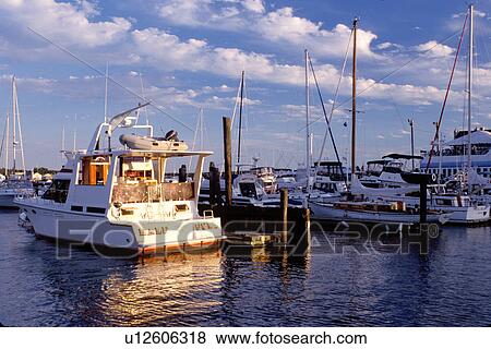 Portland, Maine, ME, Boats docked in a marina on the harbor in Portland on the Atlantic Ocean. View Large Photo Image Stock Photo - Portland, Maine, ME, Boats docked in a marina on the harbor in Portland on the Atlantic Ocean. . Fotosearch