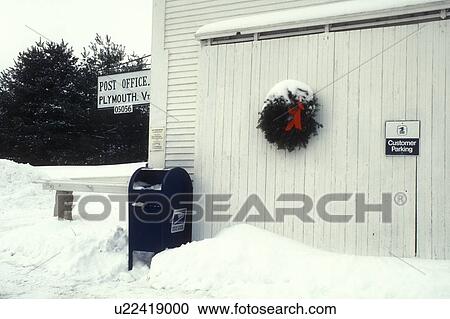 Post Office, wreath, Christmas, mail box, snow, wreaths, winter, A green Christmas wreath with a red bow hangs on the white barn door of the Plymouth Post Office at the President Calvin Coolidge State Historic Site at Plymouth Notch in Windsor County in View Large Photo Image Stock Image - Post Office, wreath, Christmas, mail box, snow, wreaths, winter, A green Christmas wreath with a red bow hangs on the white barn door of the Plymouth Post Office at the President Calvin Coolidge State Historic Site at Plymouth Notch in Windsor County in . Fotosearch