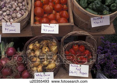 Stock Image -  produce, vegetables, outdoor market, Vermont, VT, Vegetables for sale at the Saturday Farmers Market in Montpelier. . Fotosearch
