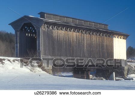 Stock Photograph -  railroad bridge, Vermont, VT, Fisher Covered Railroad Bridge ca. 1908 in Wolcott in the winter.. Fotosearch