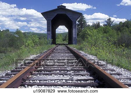 Stock Photo -  railroad, covered bridge, spring, Wolcott, VT, Vermont, Fisher Covered Railroad Bridge circa 1908 in Wolcott in the spring.. Fotosearch