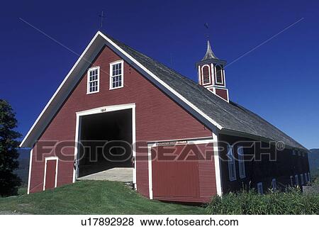 Stock Photo -  red barn, Vermont, VT, Red barn at Mountain Valley Farm in Waitsfield in Mad River Valley. Fotosearch