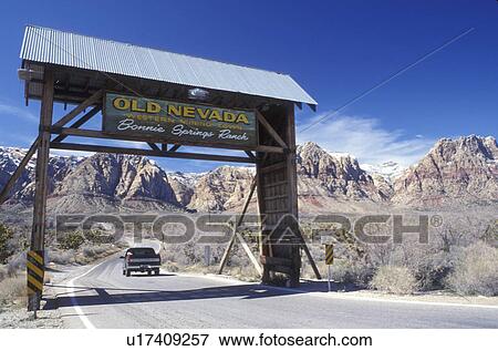Stock Photo -  Red Rock Canyon, Nevada, NV, Entrance to Bonnie Springs Ranch in Old Nevada a Western Mining Town at Red Rock Canyon National Conservation Area in Nevada.. Fotosearch