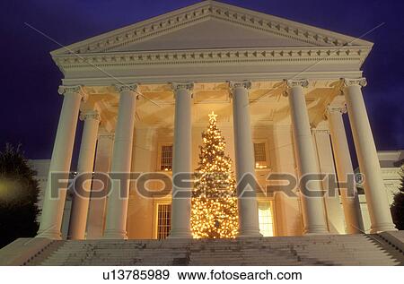 Richmond, State Capitol, State House, VA, Virginia, A large Christmas tree with white lights decorates the Virginia State Capitol at night for the holidays in the capital city of Richmond. View Large Photo Image Stock Photo - Richmond, State Capitol, State House, VA, Virginia, A large Christmas tree with white lights decorates the Virginia State Capitol at night for the holidays in the capital city of Richmond.. Fotosearch
