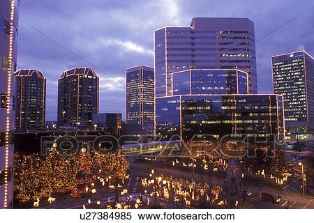 Stock Photography -  Richmond, VA, Virginia, Christmas decorations at 12th and Cary Streets in downtown Richmond in the evening.. Fotosearch