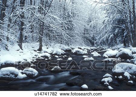 Stock Image -  river, Green Mountain National Forest, winter, snow, Texas Brook flows along snow covered rocks on its way downstream on a wintry day in Hancock in Addison County in the state of Vermont. . Fotosearch