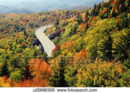 Stock Photo -  road, North Carolina, NC, Aerial view of Linn Cove Viaduct on the Blue Ridge Parkway in the autumn.. Fotosearch