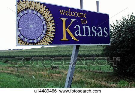 Stock Photograph -  road sign, KS, Kansas, State of Kansas Welcome sign. Welcome to Kansas.. Fotosearch