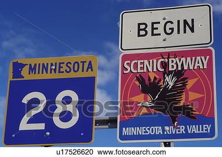 Stock Image -  road sign, MN, Minnesota, Minnesota road sign, Route 28, scenic byway, Minnesota River Valley.. Fotosearch