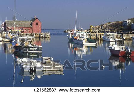 Stock Photo -  Rockport, harbor, lobster boats, Massachusetts, MA, Fishing boats docked in Rockport Harbor in Rockport in the fall.. Fotosearch
