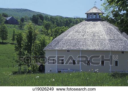 Stock Photo -  round barn, country inn, B&B, spring, Waitsfield, VT, Vermont, The Inn at the Round Barn Farm in Waitsfield in the Mad River Valley in the spring. . Fotosearch