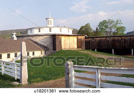 Stock Image -  round barn, shakers, Shaker Museum, Pittsfield, Massachusetts, The Berkshires, Round Stone Barn at the Hancock Shaker Village in Pittsfield, Massachusetts in the spring.. Fotosearch