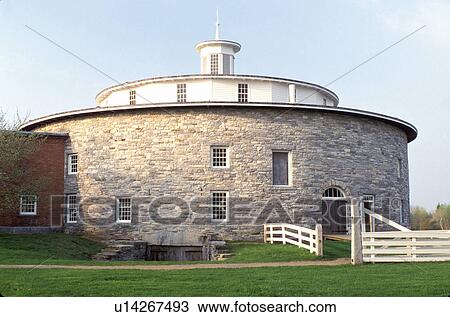 Stock Image -  Round Stone Barn, shakers, Hancock Shaker Village, Pittsfield, Massachusetts, The Berkshires, spring.. Fotosearch