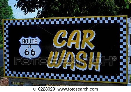 Stock Photo -  Route 66, car wash, Springfield, IL, sign, Illinois, Car Wash sign on Historic Route 66 in Springfield, Illinois. . Fotosearch
