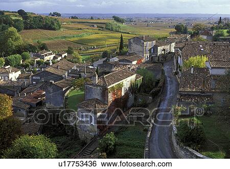 Stock Photograph -  Saint Emilion, France, Bordeaux Wine Region, Aquitaine, Gironde, Europe, The medieval village of St. Emilion and Saint Emilion Vineyards in the fall.. Fotosearch