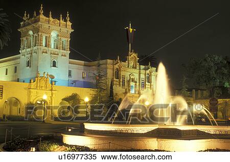 Stock Photography -  San Diego, California, CA, Fountain at Plaza de Panama outside the House of Hospitality at Balboa Park in the evening in San Diego.. Fotosearch
