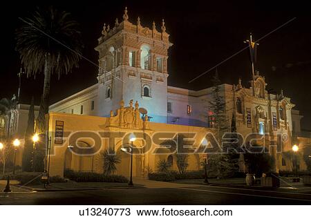 Stock Image -  San Diego, California, CA, House of Hospitality at Balboa Park in the evening in San Diego.. Fotosearch