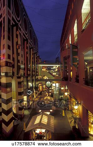 Picture -  San Diego, California, CA, Westfield Shoppingtown Horton Plaza an open-air, multi-level complex in downtown San Diego in the evening.. Fotosearch