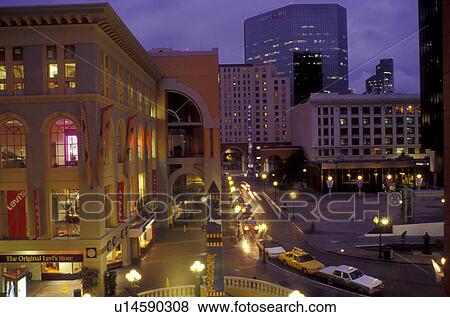 Stock Photo -  San Diego, California, CA, Westfield Shoppingtown Horton Plaza and downtown skyline of San Diego in the evening.. Fotosearch