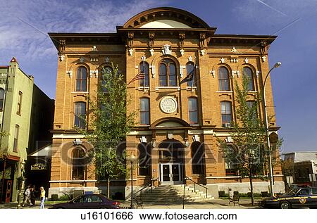 Stock Photograph -  Saratoga Springs, New York, NY, Town Hall in downtown Saratoga Springs in the autumn.. Fotosearch
