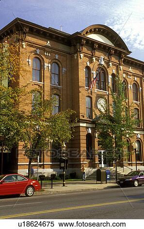 Stock Photography -  Saratoga Springs, New York, NY, Town Hall in downtown Saratoga Springs in the autumn.. Fotosearch
