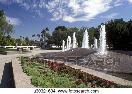 Picture -  Scottsdale, Arizona, AZ, Fountain at Scottsdale Civic Center and Mall in downtown Scottsdale.. Fotosearch