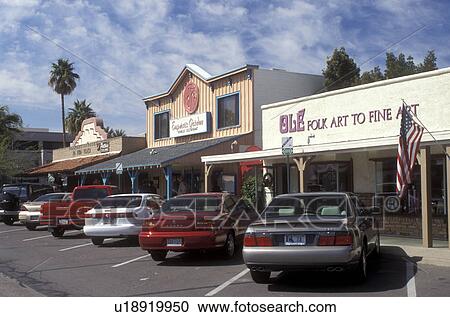 Stock Image -  Scottsdale, Arizona, AZ, Shops along Main Street in Old Town Scottsdale in downtown Scottsdale.. Fotosearch