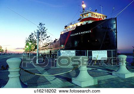 ship, museum, Cleveland, OH, Ohio, Steamship William G. Mather Museum is a restored 1925 Great Lakes Freighter illuminated at night. View Large Photo Image Stock Image - ship, museum, Cleveland, OH, Ohio, Steamship William G. Mather Museum is a restored 1925 Great Lakes Freighter illuminated at night.. Fotosearch